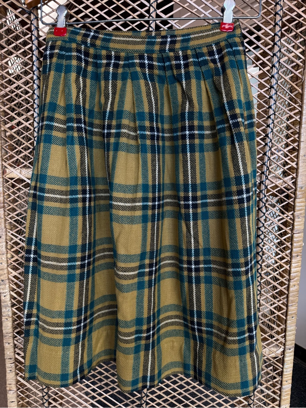 Plaid Wool Blend Midi Skirt Mustard Teal High Waist Cottagecore Vntg Handmade - Picture 8 of 11